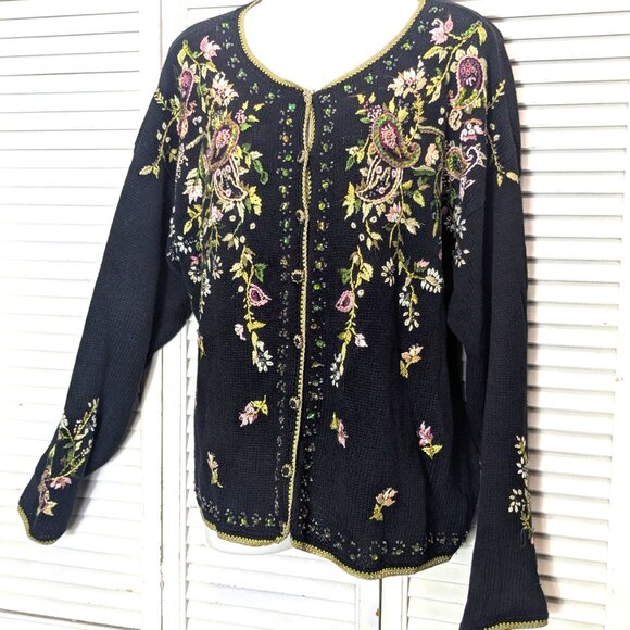 Vintage Y2k 2001 Heirloom Collectibles Cardigan Sweater Large Embroidery Beaded - Picture 2 of 16